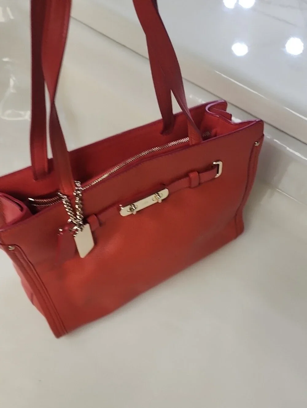 Coach Coral Red Pebbled Leather Tote with Gold Hardware